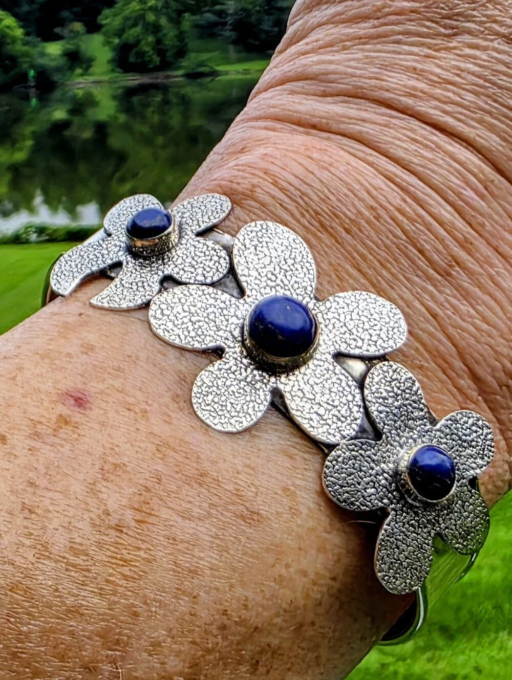 Lapis Lazuli Gemstone Cuff Bracelet In 925 Sterling Silver (Adjustable)